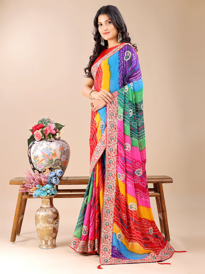 Women's Georgette Bandhani Saree With Unstitched Blouse Piece