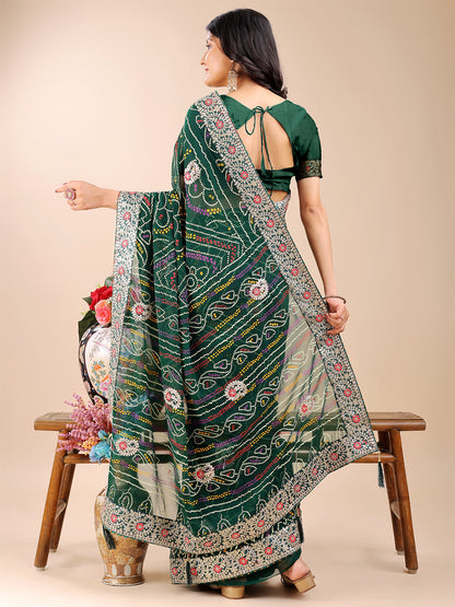 Women's Georgette Bandhani Saree With Unstitched Blouse Piece