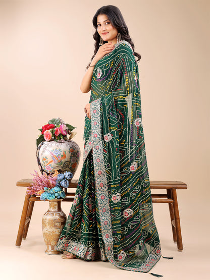 Women's Georgette Bandhani Saree With Unstitched Blouse Piece