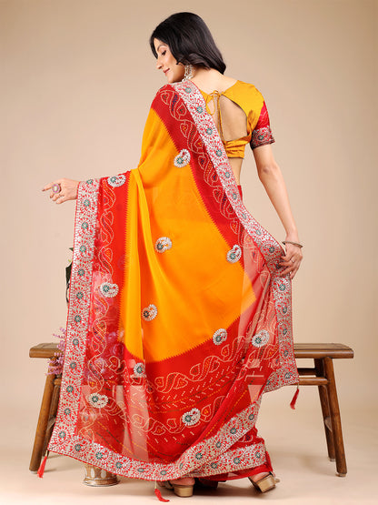 Women's Georgette Bandhani Saree With Unstitched Blouse Piece