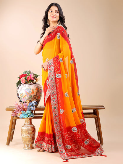 Women's Georgette Bandhani Saree With Unstitched Blouse Piece
