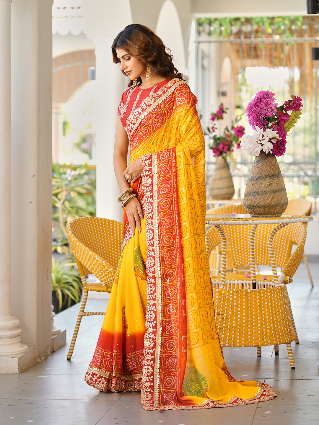 Women's Chiffon Bandhani Saree With Unstitched Blouse Piece