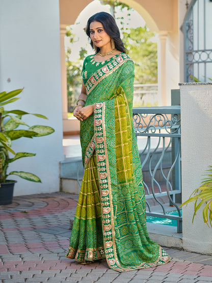 Women's Chiffon Bandhani Saree With Unstitched Blouse Piece
