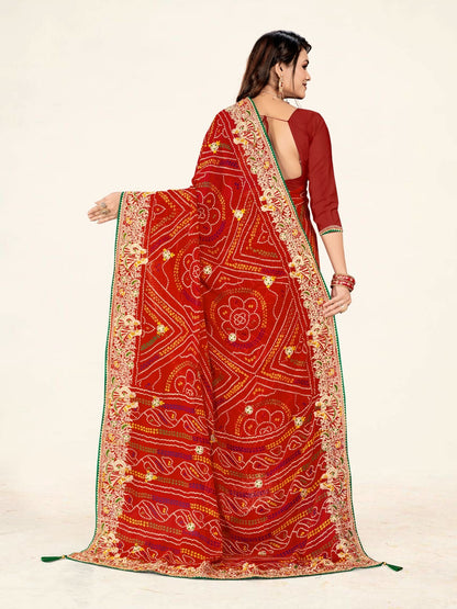 Women's Georgette Bandhani Saree With Unstitched Blouse Piece