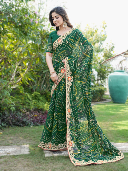 Women's Georgette Bandhani Saree With Unstitched Blouse Piece