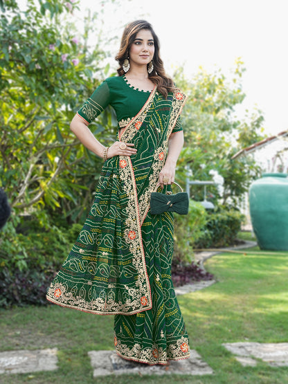 Women's Georgette Bandhani Saree With Unstitched Blouse Piece
