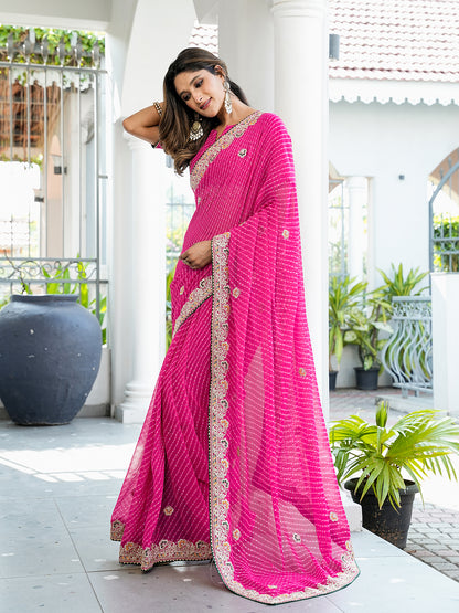 Women's Georgette Bandhani Saree With Unstitched Blouse Piece