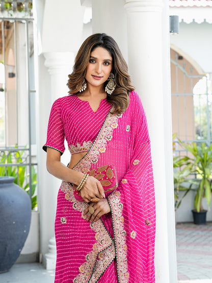 Women's Georgette Bandhani Saree With Unstitched Blouse Piece