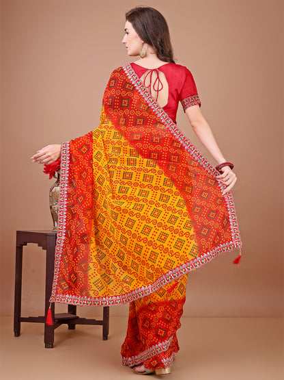 Women's Georgette Bandhani Saree With Unstitched Blouse Piece