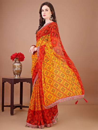 Women's Georgette Bandhani Saree With Unstitched Blouse Piece