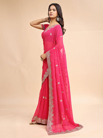 Women's Georgette Leheriya Saree With Unstitched Blouse Piece