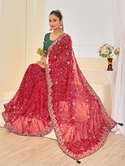 Women's Georgette Bandhani Saree With Unstitched Blouse Piece