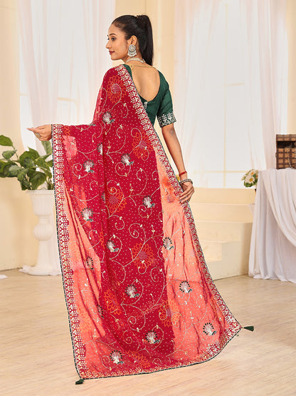 Women's Georgette Bandhani Saree With Unstitched Blouse Piece