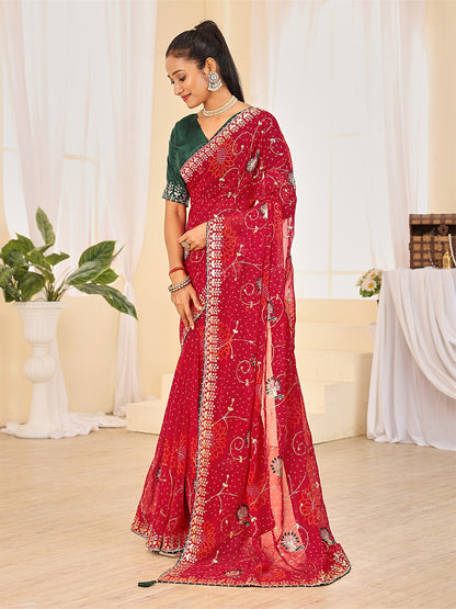 Women's Georgette Bandhani Saree With Unstitched Blouse Piece