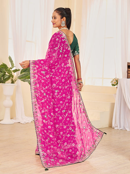 Women's Georgette Bandhani Saree With Unstitched Blouse Piece