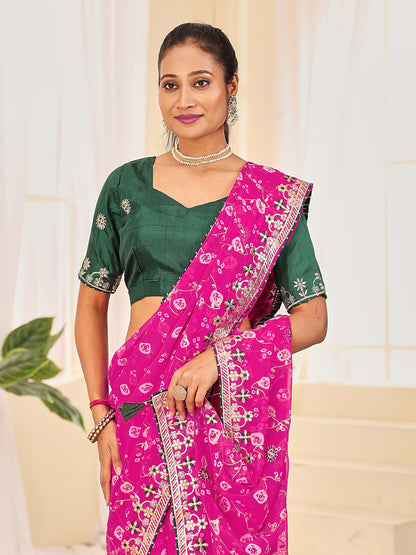 Women's Georgette Bandhani Saree With Unstitched Blouse Piece