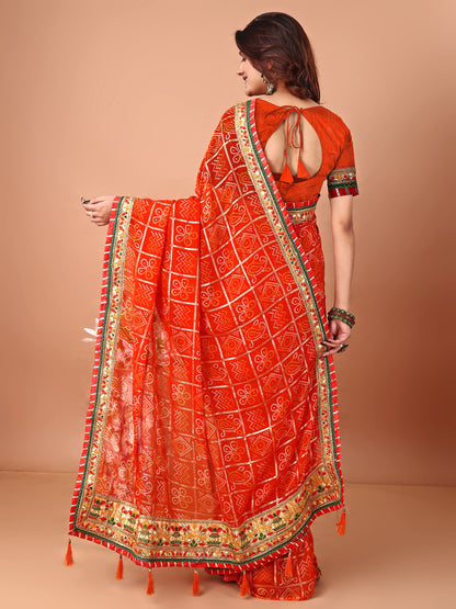 Women's Georgette Bandhani Saree With Unstitched Blouse Piece