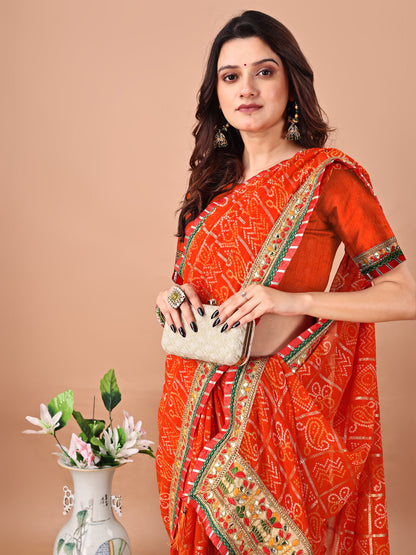 Women's Georgette Bandhani Saree With Unstitched Blouse Piece