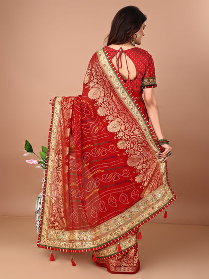 Women's Georgette Bandhani Saree With Unstitched Blouse Piece