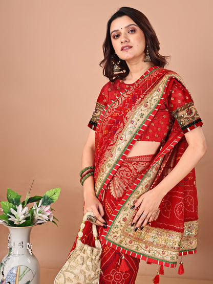 Women's Georgette Bandhani Saree With Unstitched Blouse Piece