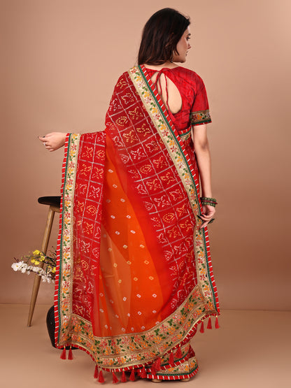 Women's Georgette Bandhani Saree With Unstitched Blouse Piece