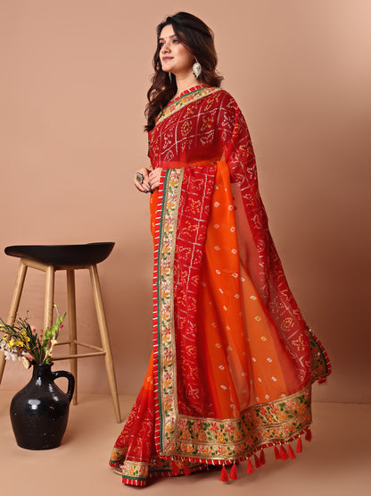 Women's Georgette Bandhani Saree With Unstitched Blouse Piece
