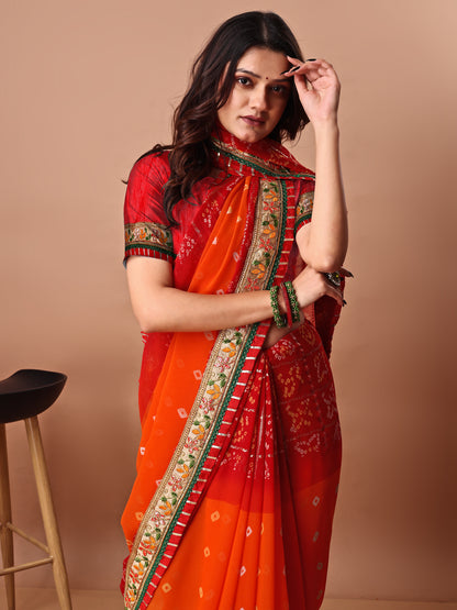 Women's Georgette Bandhani Saree With Unstitched Blouse Piece