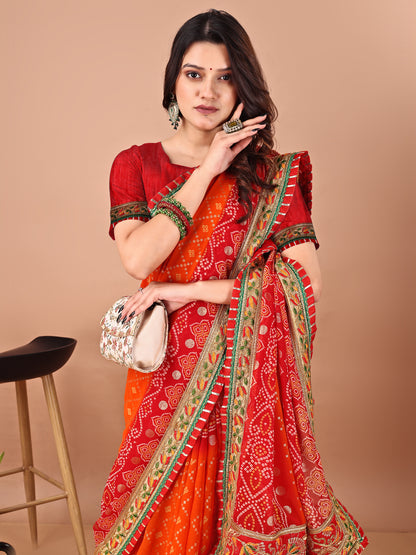 Women's Georgette Bandhani Saree With Unstitched Blouse Piece