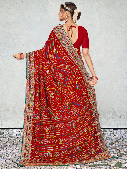 Women's Georgette Bandhani Saree With Unstitched Blouse Piece