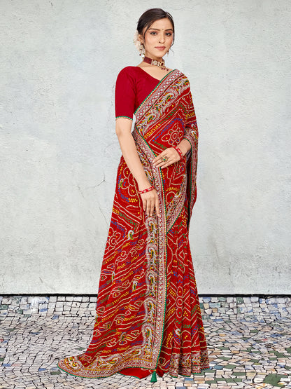 Women's Georgette Bandhani Saree With Unstitched Blouse Piece