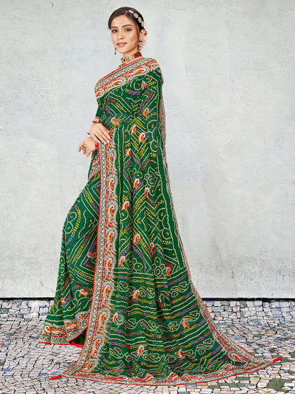 Women's Georgette Bandhani Saree With Unstitched Blouse Piece