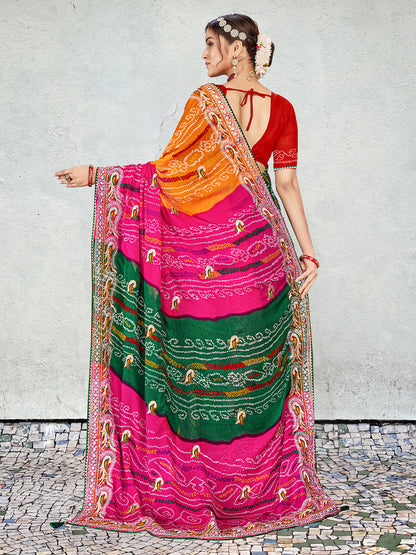 Women's Georgette Bandhani Saree With Unstitched Blouse Piece
