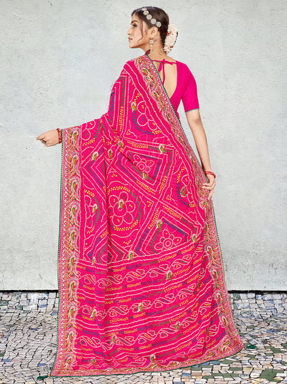 Women's Georgette Bandhani Saree With Unstitched Blouse Piece