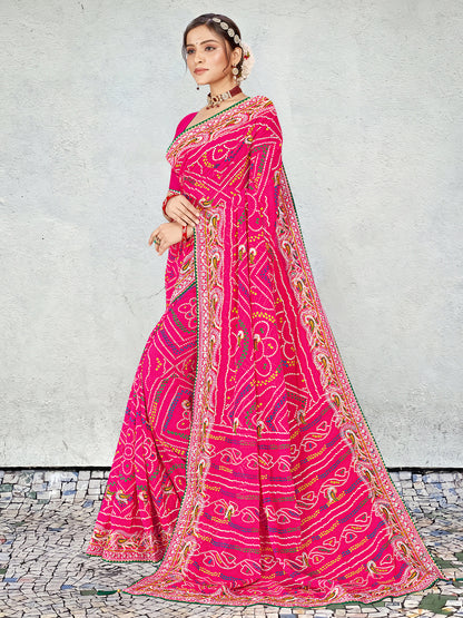 Women's Georgette Bandhani Saree With Unstitched Blouse Piece