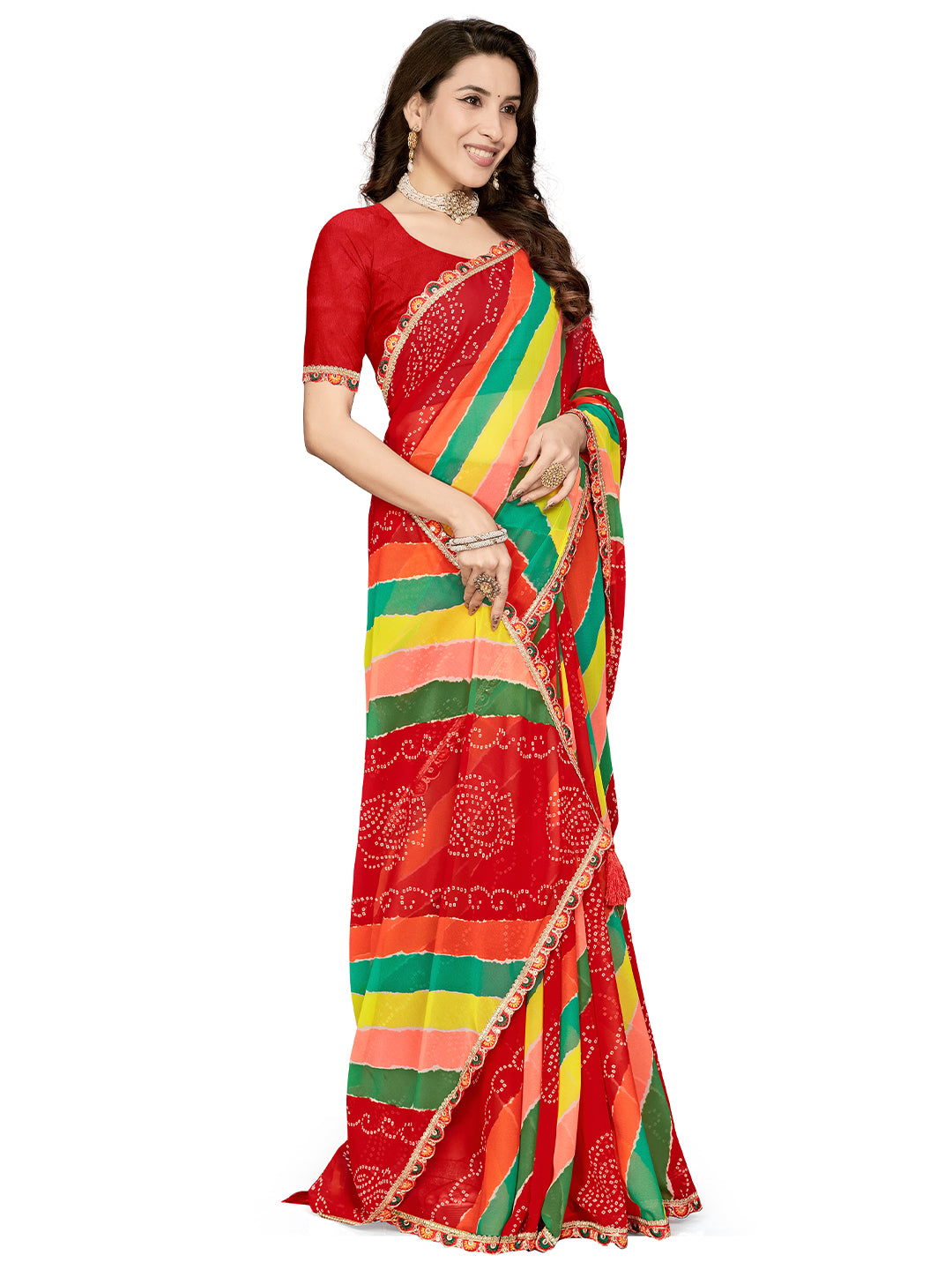 Women's Georgette Leheriya Saree With Unstitched Blouse Piece