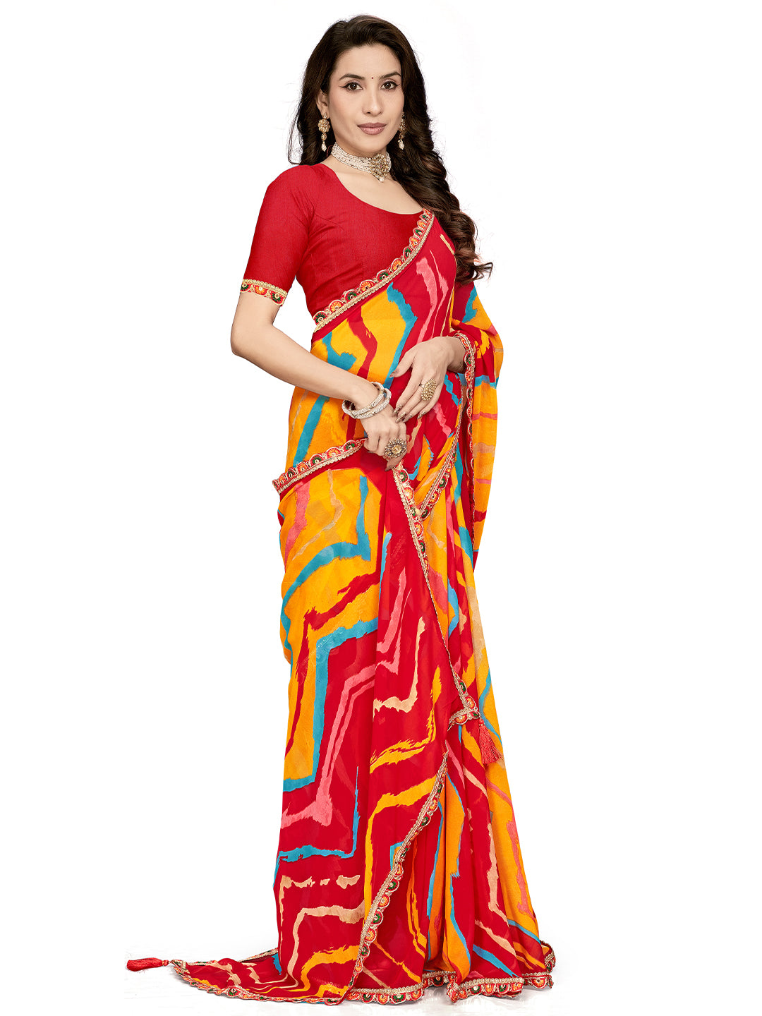 Women's Georgette Leheriya Saree With Unstitched Blouse Piece