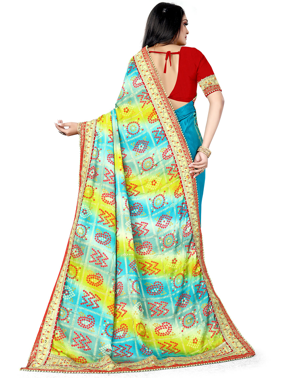 Women's Chiffon Bandhani Saree With Unstitched Blouse Piece