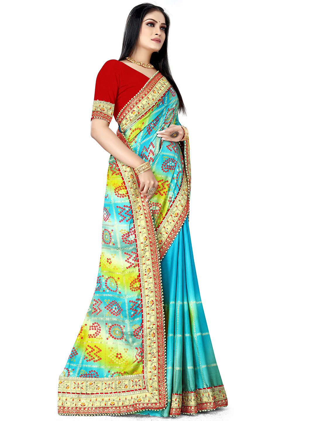 Women's Chiffon Bandhani Saree With Unstitched Blouse Piece