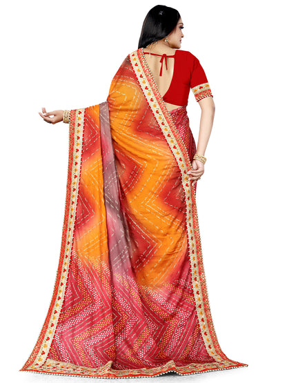 Women's Chiffon Bandhani Saree With Unstitched Blouse Piece