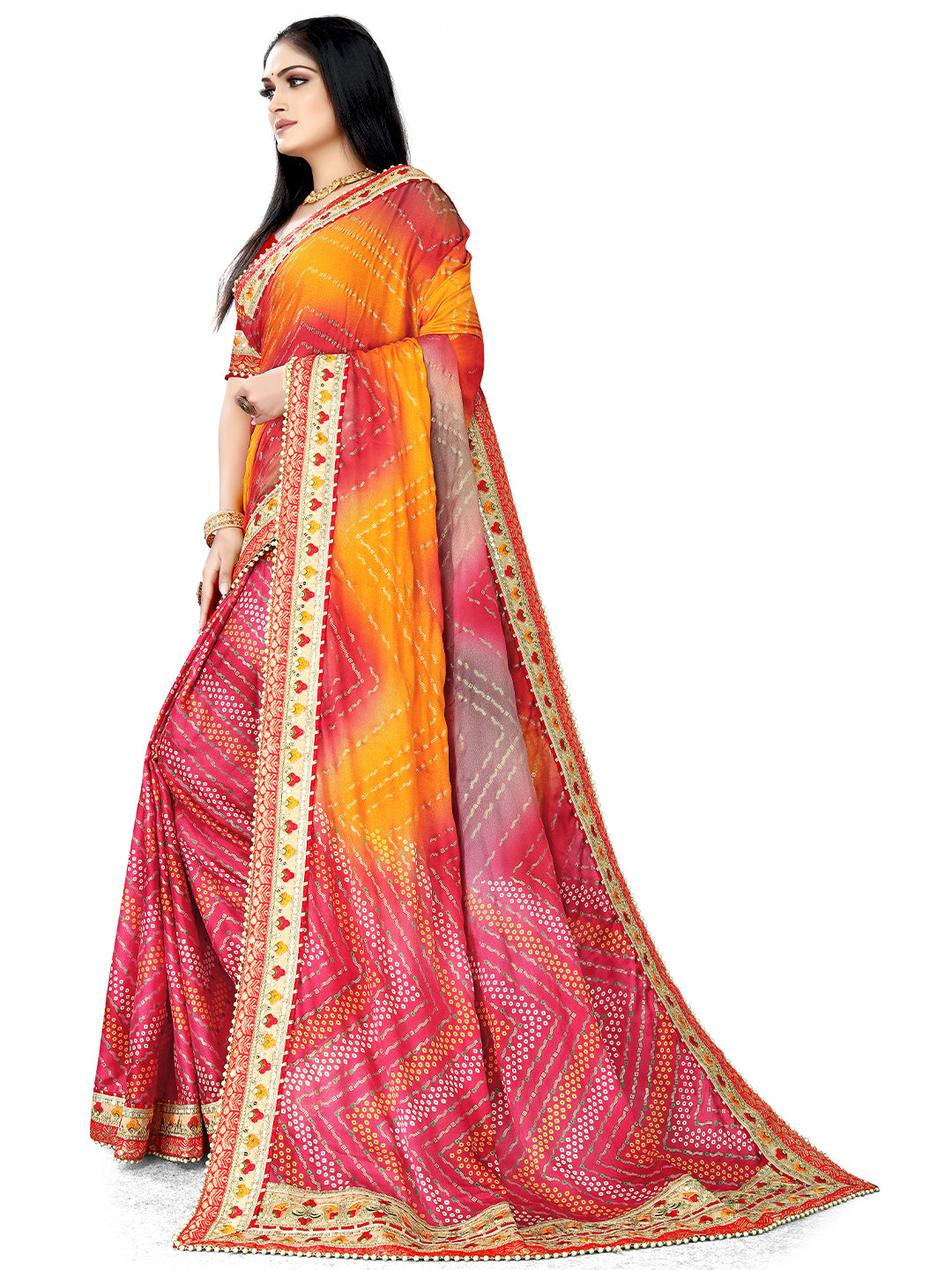 Women's Chiffon Bandhani Saree With Unstitched Blouse Piece