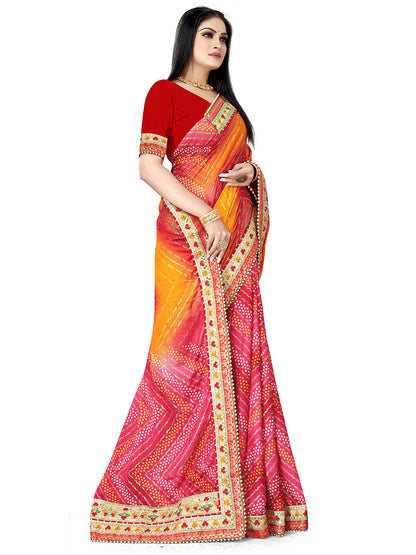 Women's Chiffon Bandhani Saree With Unstitched Blouse Piece