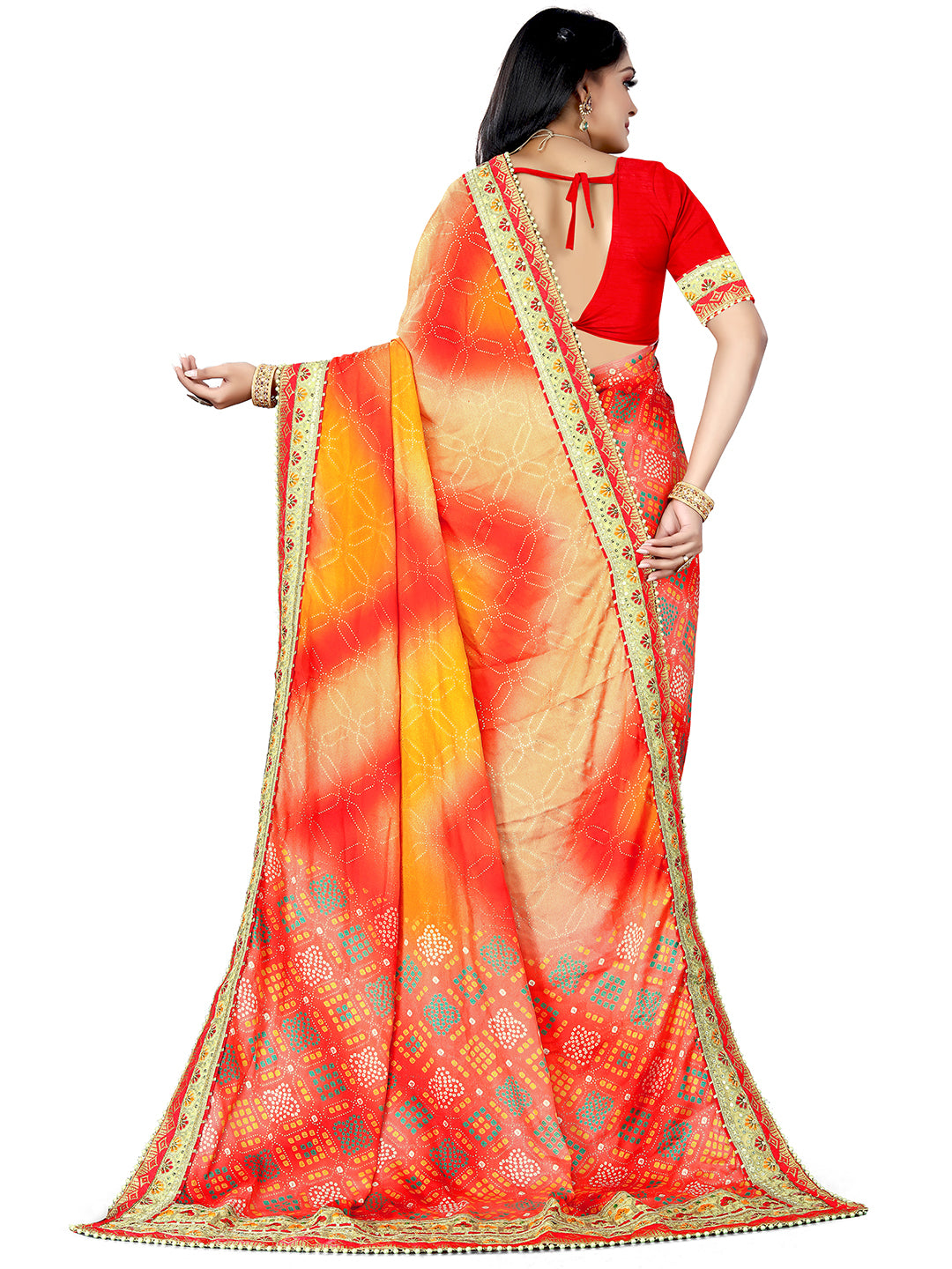 Women's Chiffon Bandhani Saree With Unstitched Blouse Piece