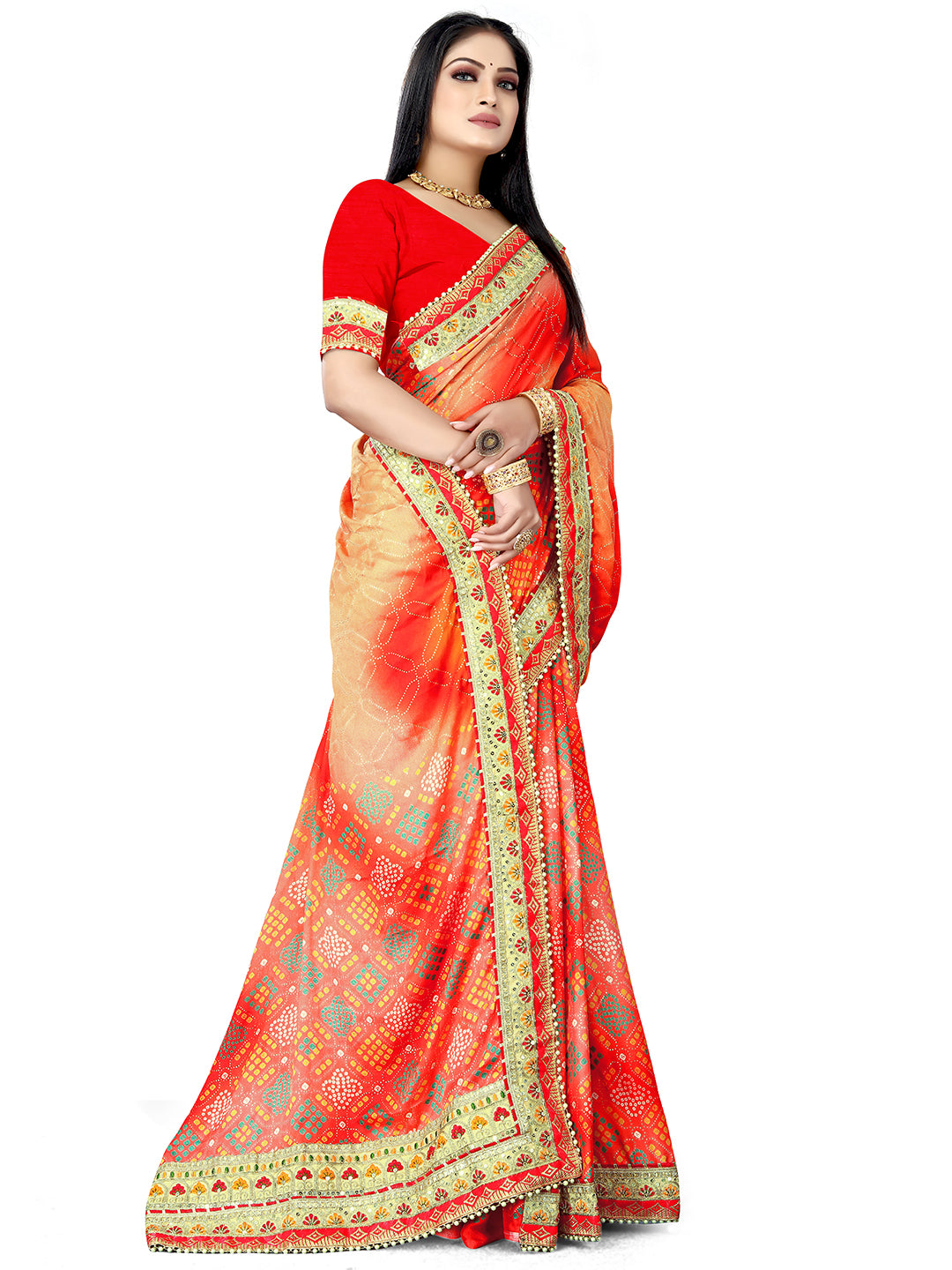 Women's Chiffon Bandhani Saree With Unstitched Blouse Piece
