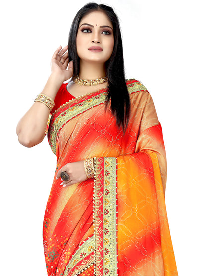 Women's Chiffon Bandhani Saree With Unstitched Blouse Piece