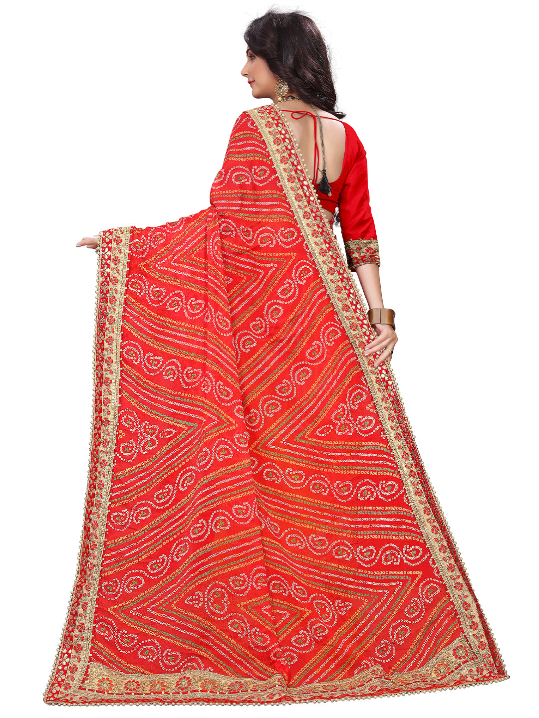 Women's Chiffon Bandhani Saree With Unstitched Blouse Piece