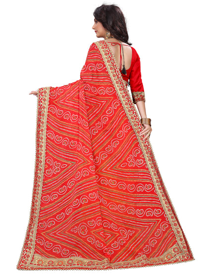 Women's Chiffon Bandhani Saree With Unstitched Blouse Piece