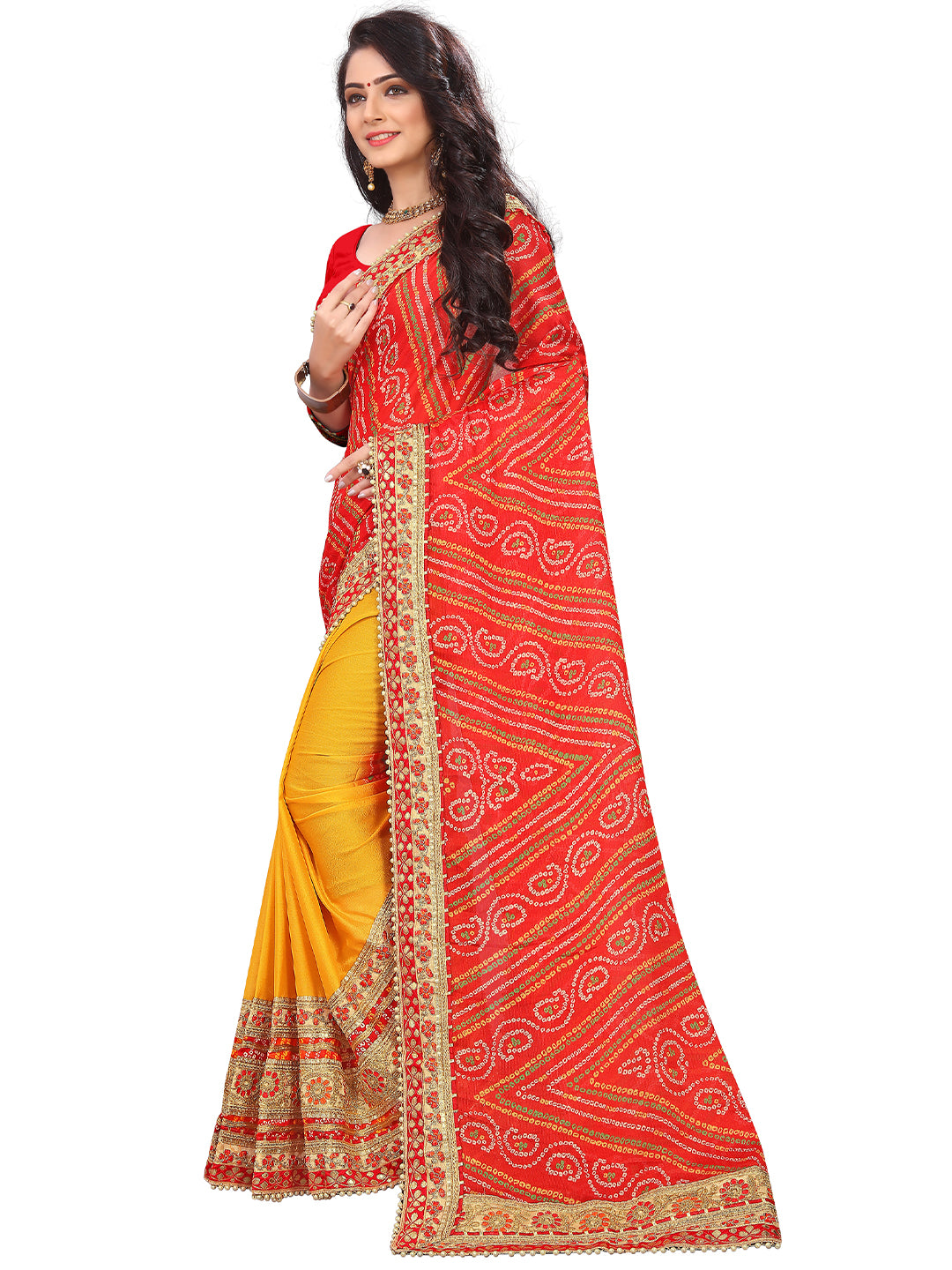 Women's Chiffon Bandhani Saree With Unstitched Blouse Piece
