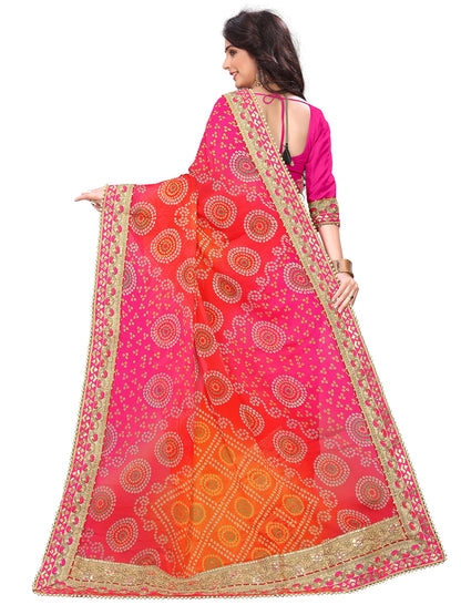 Women's Chiffon Bandhani Saree With Unstitched Blouse Piece
