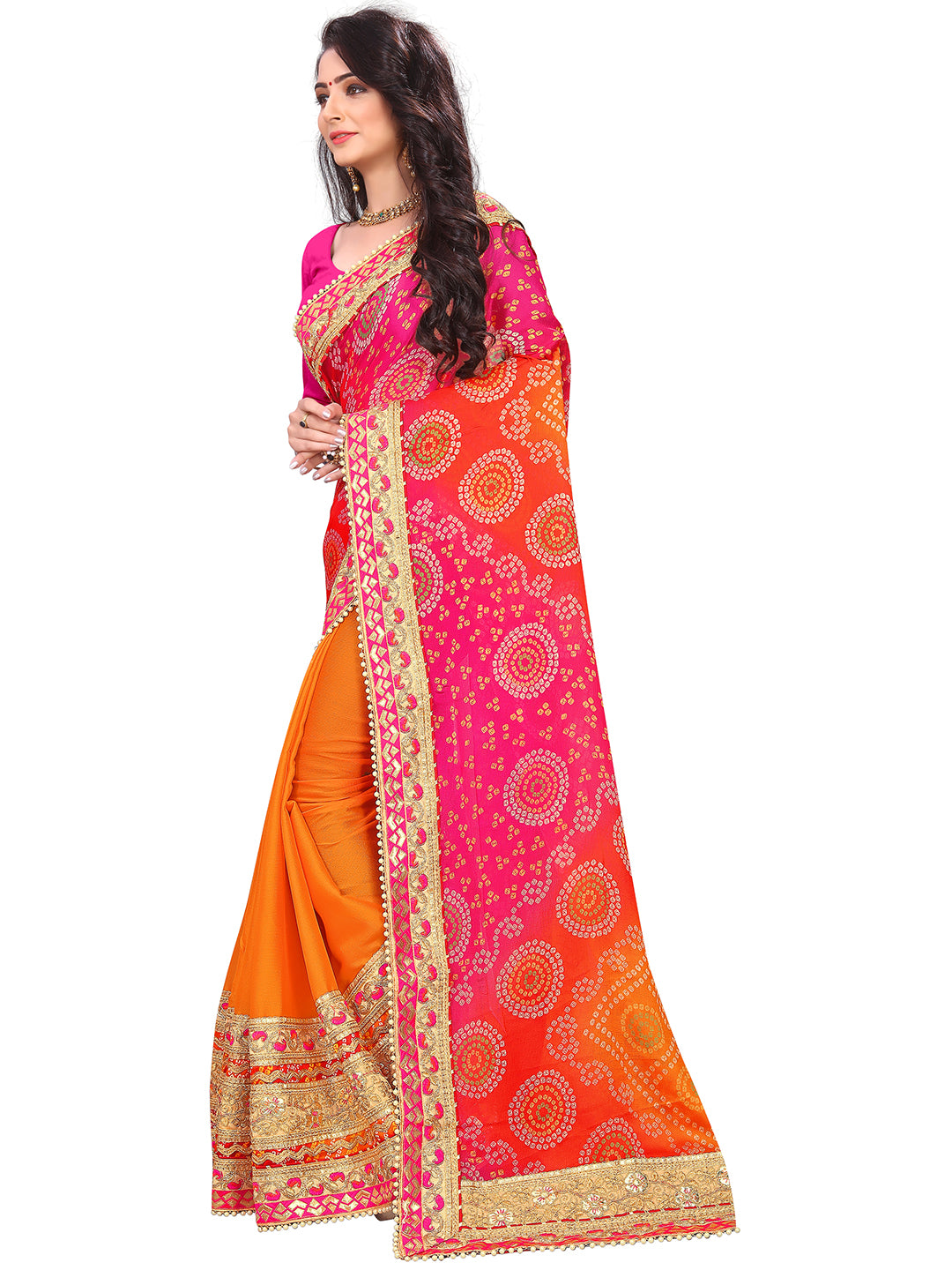 Women's Chiffon Bandhani Saree With Unstitched Blouse Piece