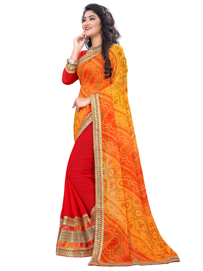 Women's Georgette Bandhani Saree With Unstitched Blouse Piece
